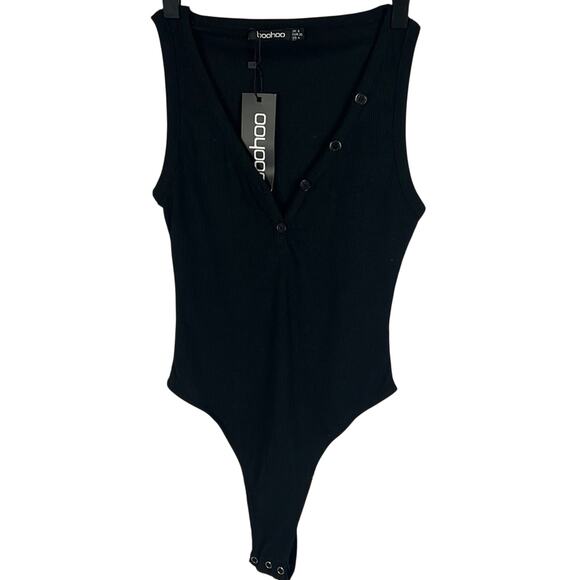 Boohoo Black Sleeveless Ribbed Bodysuit Button detail Size 4 NWT Fall Winter - Picture 1 of 8